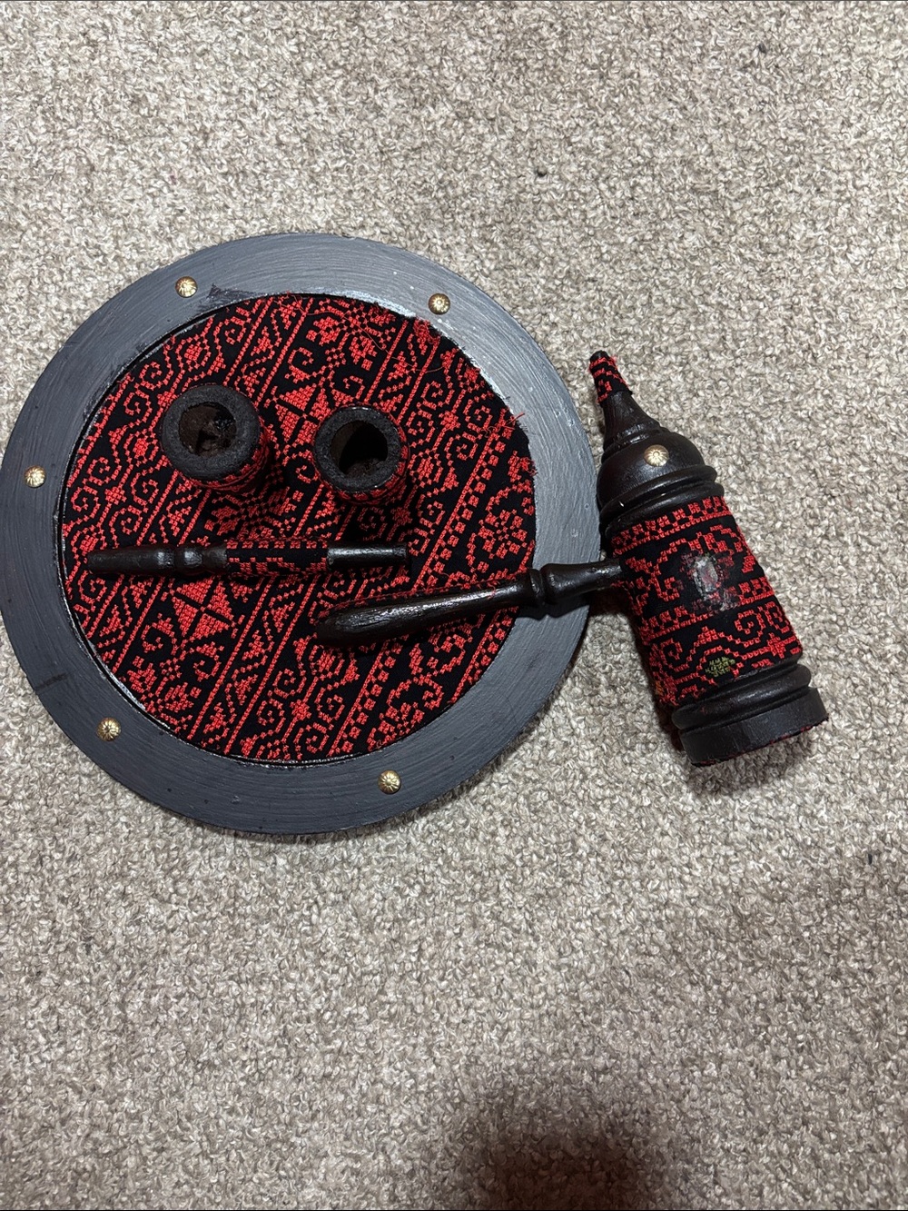 Decorative Red and Black Textile Wall Plaque with Carved Accents